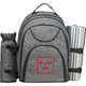 Grauer Picknickrucksack mit Flaschenhalter und Deckenhalterung.