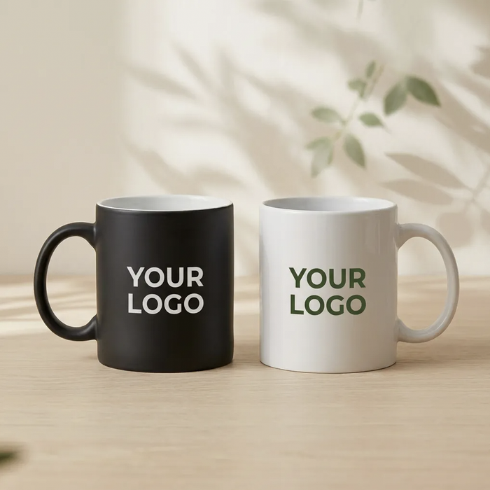Bild Wei�e Keramiktasse mit Logoaufdruck