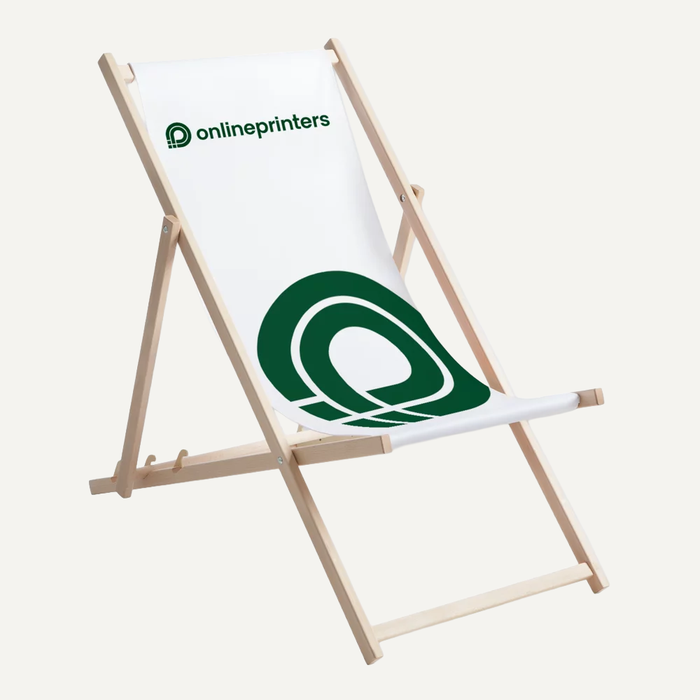 Bild Liegestuhl mit Holzgestell und wei�em, gr�n bedrucktem Bezug